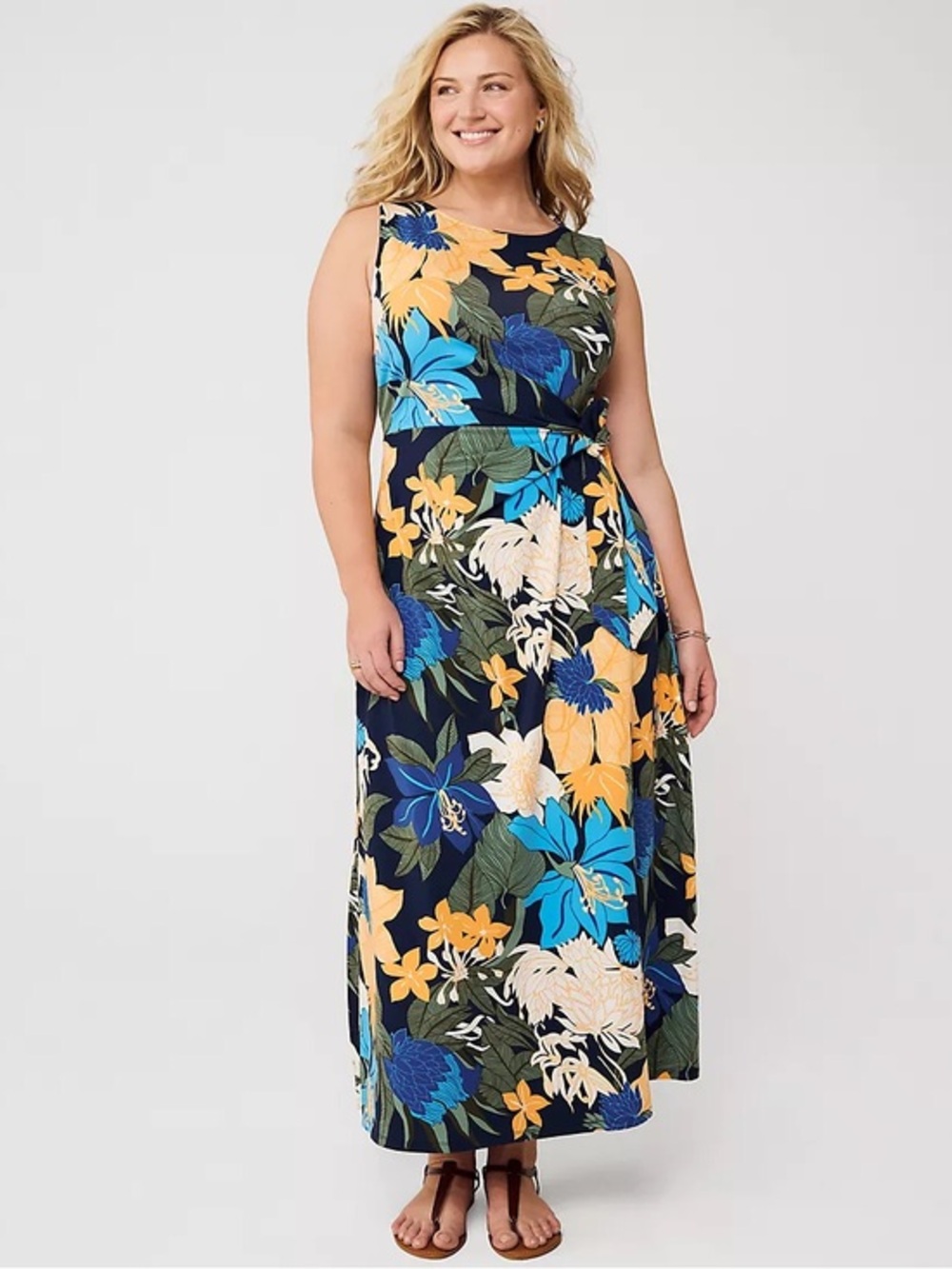 Lands’ End XL Cotton Modal Sleeveless Tie Waist Maci Dress Navy Floral NWT